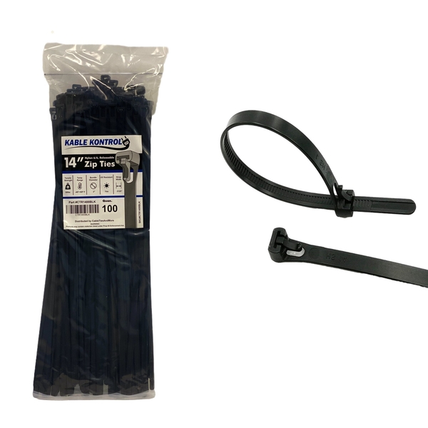 Kable Kontrol Kable Kontrol® Releasable Reusable Zip Ties - 14" Long - 50 Lbs Tensile Strength - 100 pack - UV Black CTR1400BLK